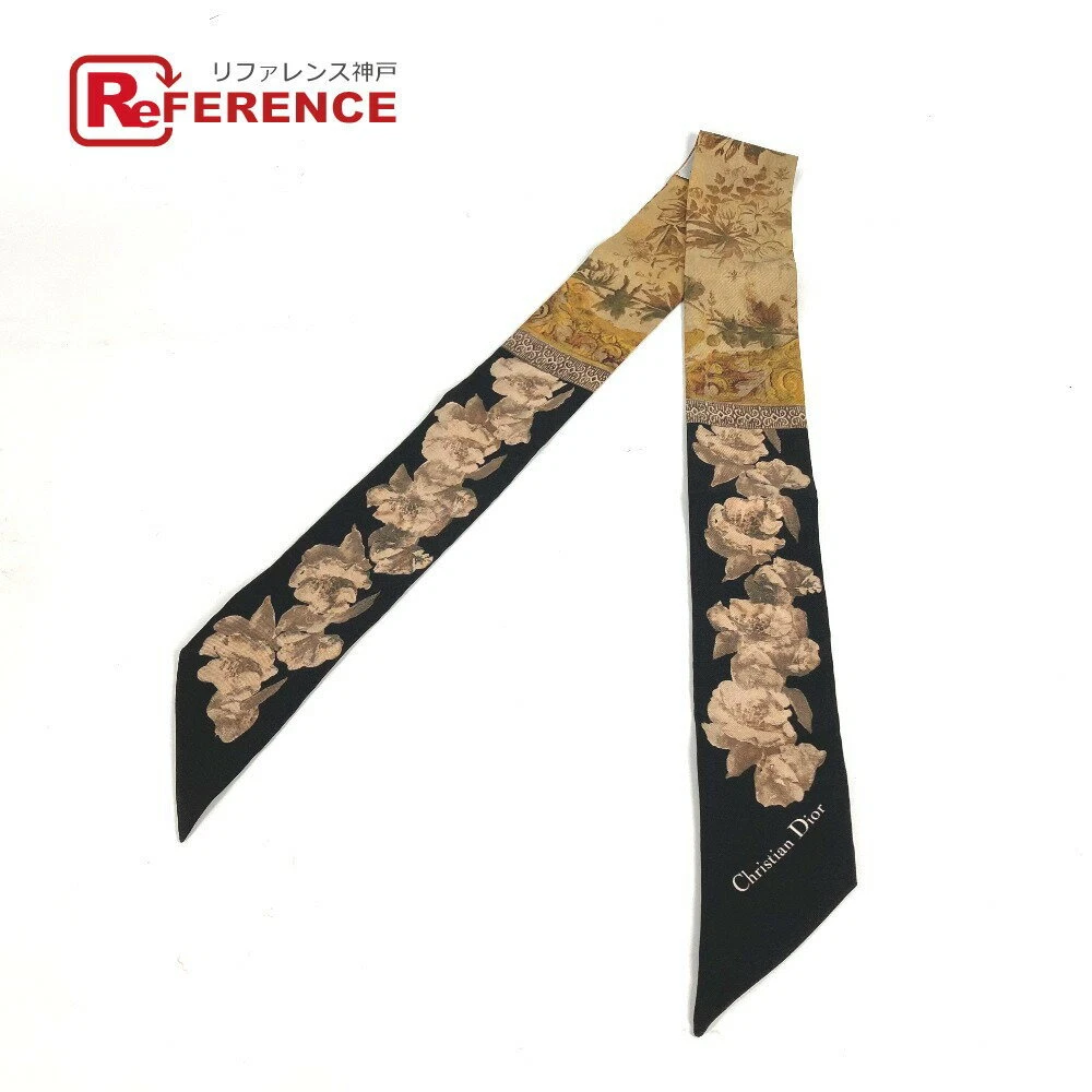 Foulard Dior Mitzah 102cm 40′′ 6cm 2′′ rectangle soie logo fleur marron noir