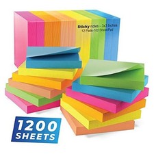 Sticky Notes 3x3 in  Bright Colored Super Self Sticky Pads - 100 12 Pads