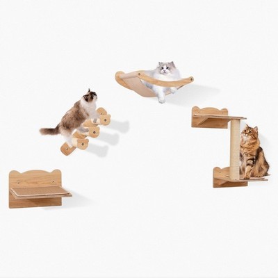 Wandmontage 4tlg Katzenmöbel Set mit Hängematte und rutschfester Teppichmatte - Natur