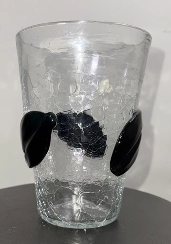 366-SL 7” Blenko Leaf Beaker Crackle Glass Vase Applied Charcoal Leaves