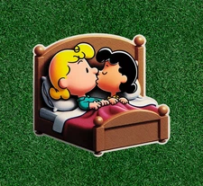 Lucy kissing Sally in bed 100% waterproof vinyl sticker - Several Sizes Avail.