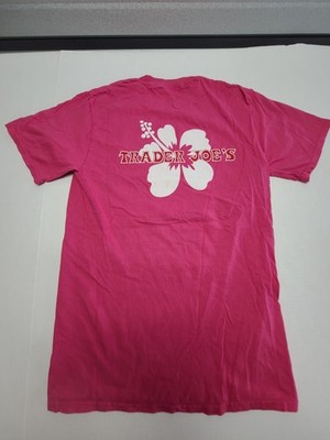 Trader Joes Shirt Employee Crew Member Pink Adult Small Hawaiian Hibiscus 