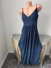 American living Maxi Sun dress 12 L blue/brown sleeveless long causal beach V