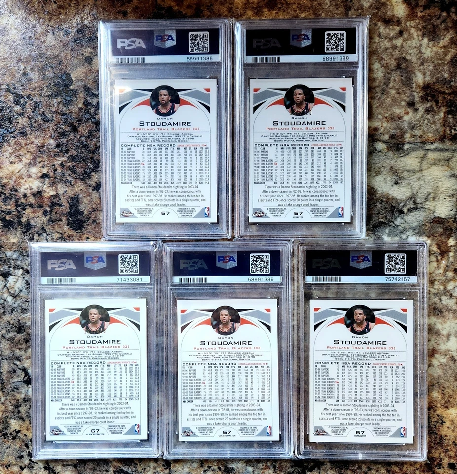 2004 TOPPS CHROME 67 "SIX SEVEN" DAMON STOUDAMIRE PSA CONJUNTO 8,9,9,9, GEM 10 RARO - Imagem 3 de 4