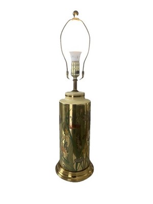 MCM Gold Cylinder Table Lamp Hand Painted Iris Floral  Art Nouveau