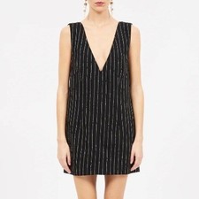 NWT ULLA JOHNSON Marta Mini Dress Noir Black Women Size 6 Pinstripes Deep V-Neck