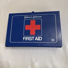 Johnson & Johnson Vintage First Aid Kit Metal Box, Blue, #8161 Bandages & Guide
