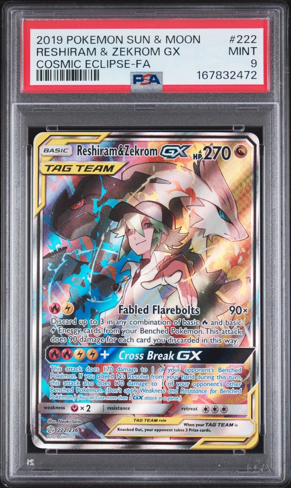 2019 POKEMON SUN & MOON COSMIC ECLIPSE #222 FULL ART/RESHIRAM & ZEKROM GX PSA 9