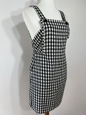 Francescas NWT Gingham Tweed Plaid Pinafore Boho Overall Jumper Mini Dress Sz S