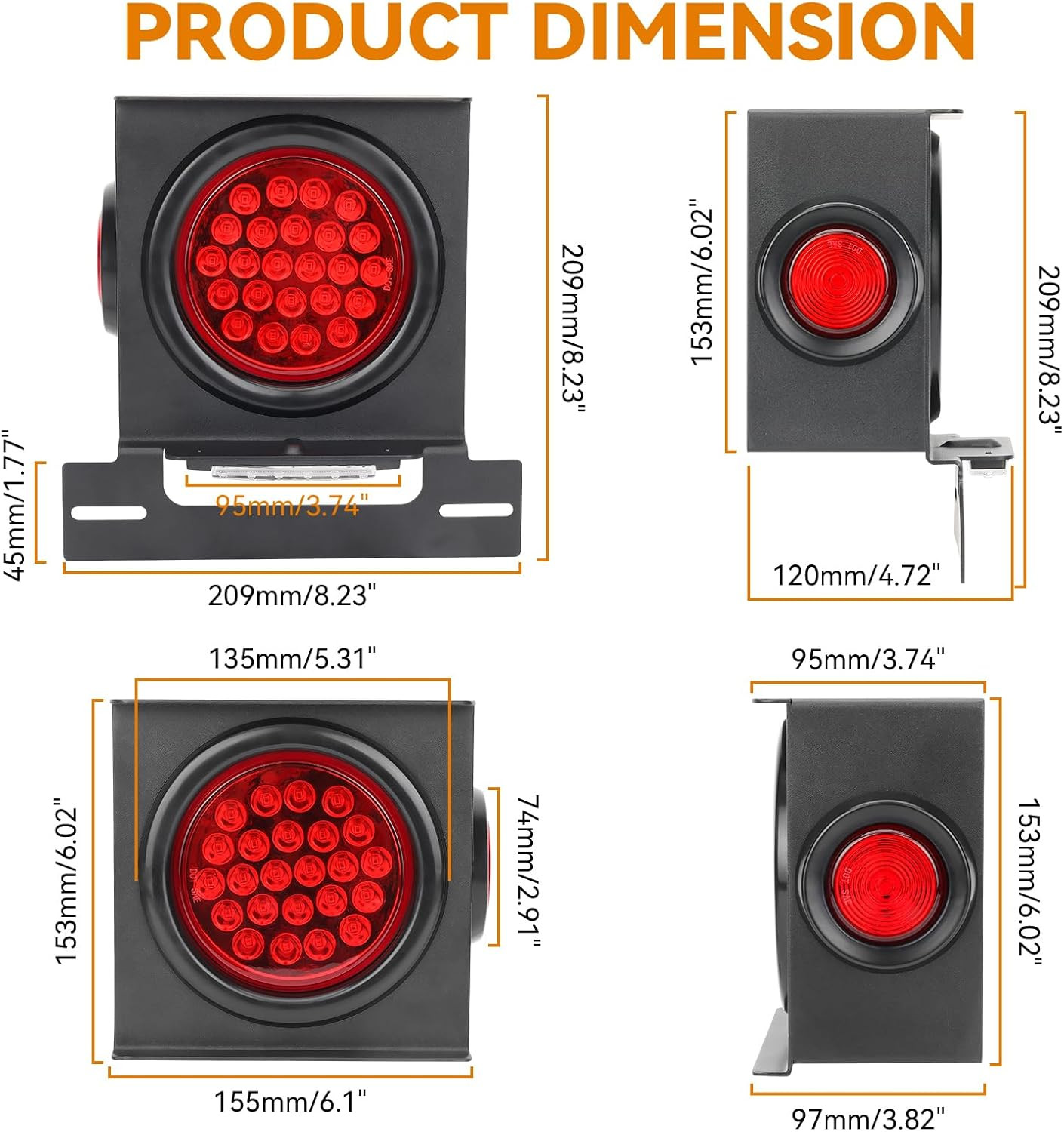 12V Square LED Trailer Light Steel Boxes Housing Kit, 2PCS IP67 Red Waterproof S