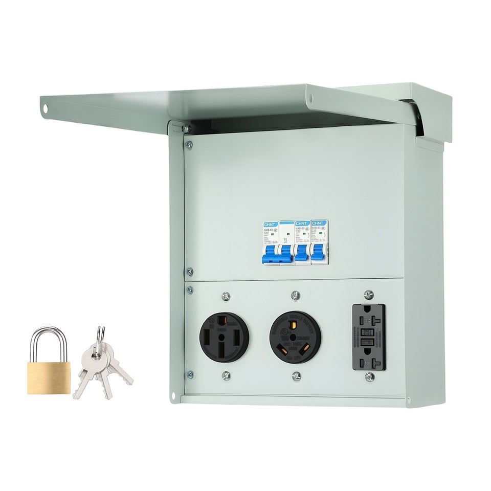 RV Electrical Outlet Panel With Breaker – 30/20 Amp UL-Listed Receptacles, Weatherproof Steel Box, Pre-Wired For Easy Install