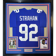 Framed Autographed/Signed Michael Strahan 33x42 New York Blue Jersey JSA COA