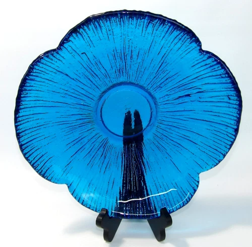 Vintage MCM 13" Blenko Cobalt Blue Glass Flower Centerpiece Bowl Platter