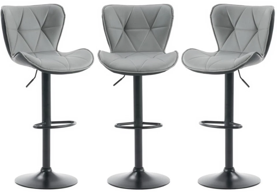 Set of 3 Grey Bar Stools Faux Leather, Kitchen Breakfast Bar Barstools, 3 chairs