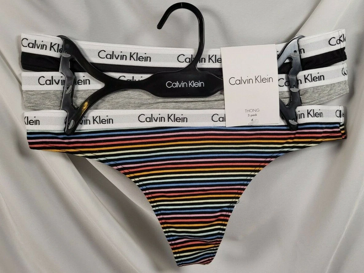 Calvin Klein 3 Pack Thongs L Cotton Stretch Black, Gray & Multi Color  Stripes