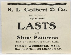 1876 RL Golbert & Co Lasts & Shoe Patterns Original Print Ad Worcester Mass