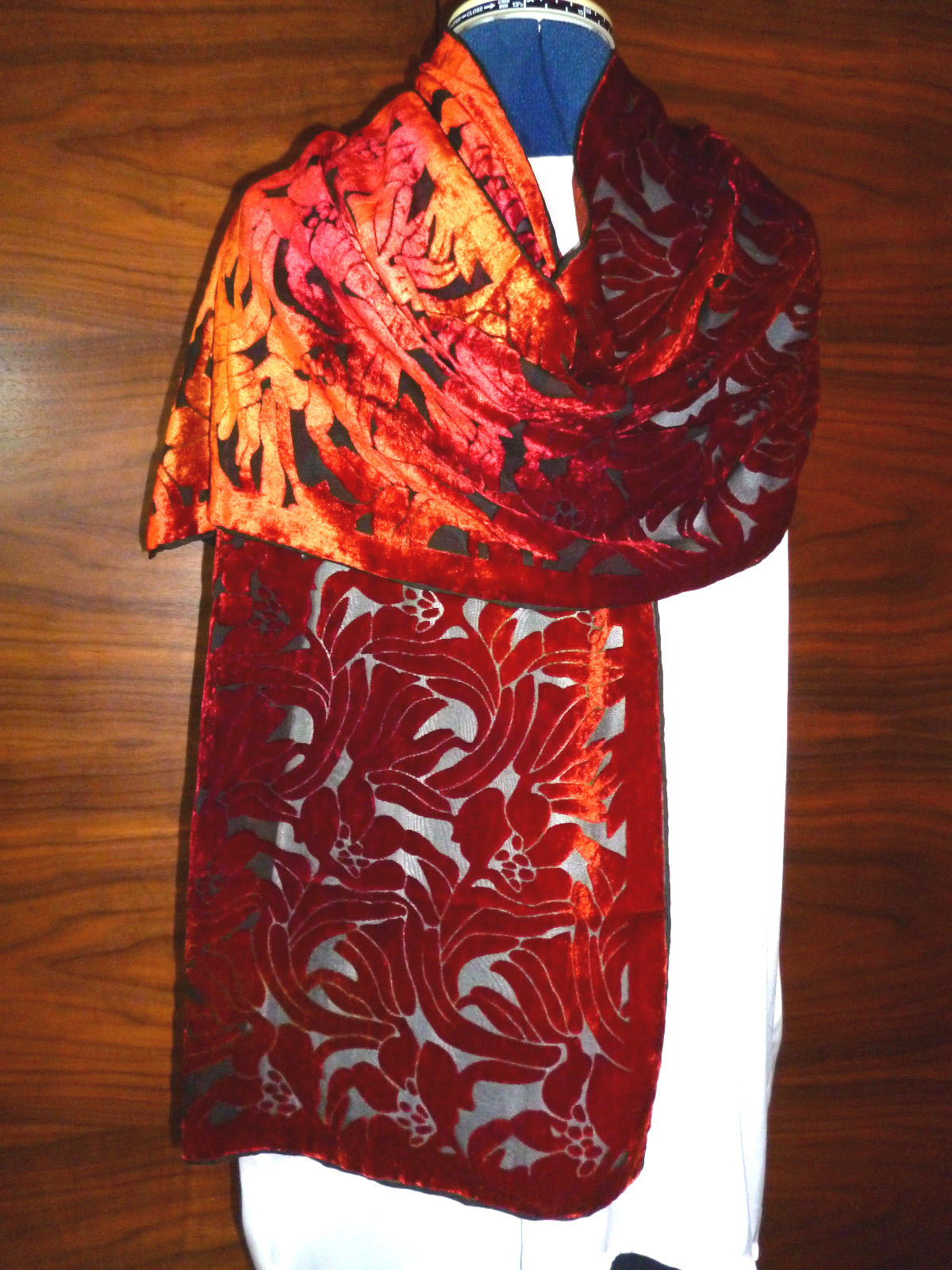 Velvet devore scarf   Floral design in shades of orange on black   NEW