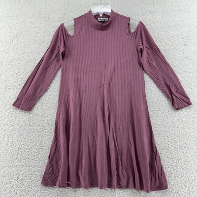Pink Rose Womens M Ribbed Mauve Open Shoulder LS Mock Neck Swing Dress  Stretch | eBay