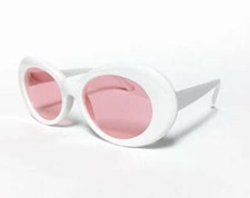 White Pink Lens Retro Oval Mod Thick Frame Sunglasses Clout Goggles Kurt Cobain