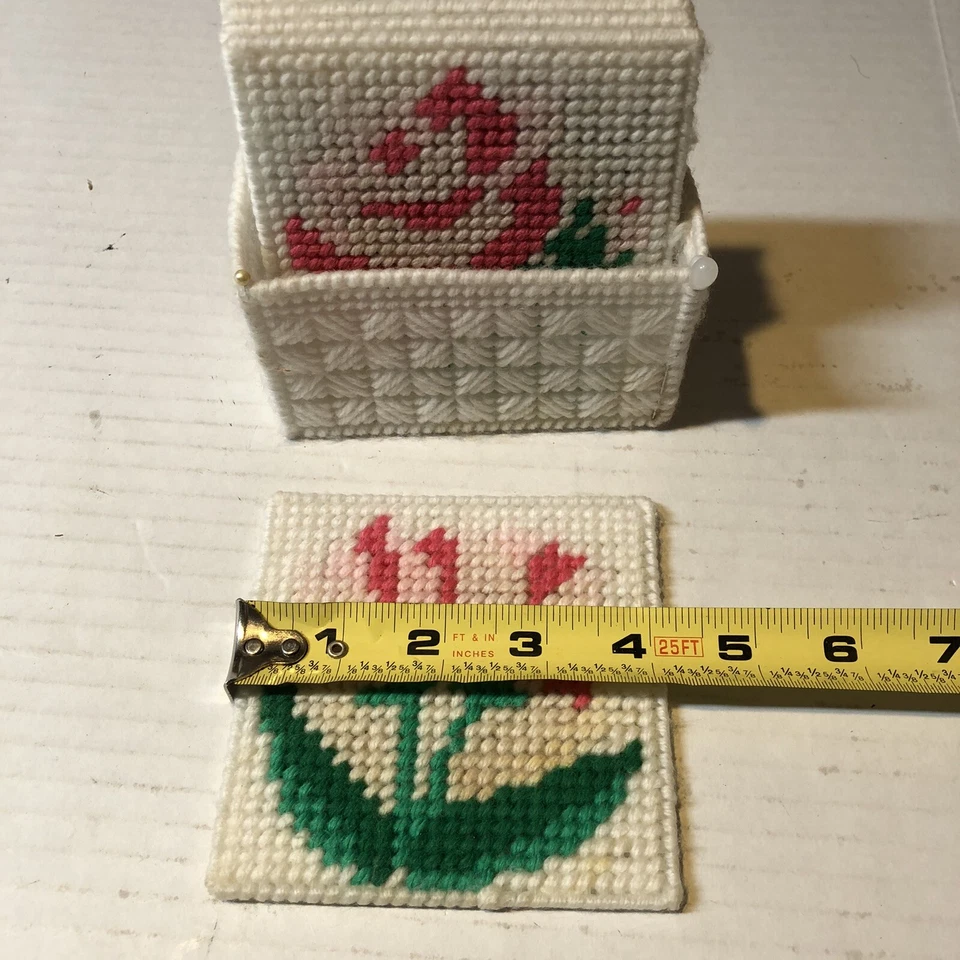 Handmade Coasters Plastic Canvas Needlepoint Stitching w/Box Flowers KGR - Image 4 of 4