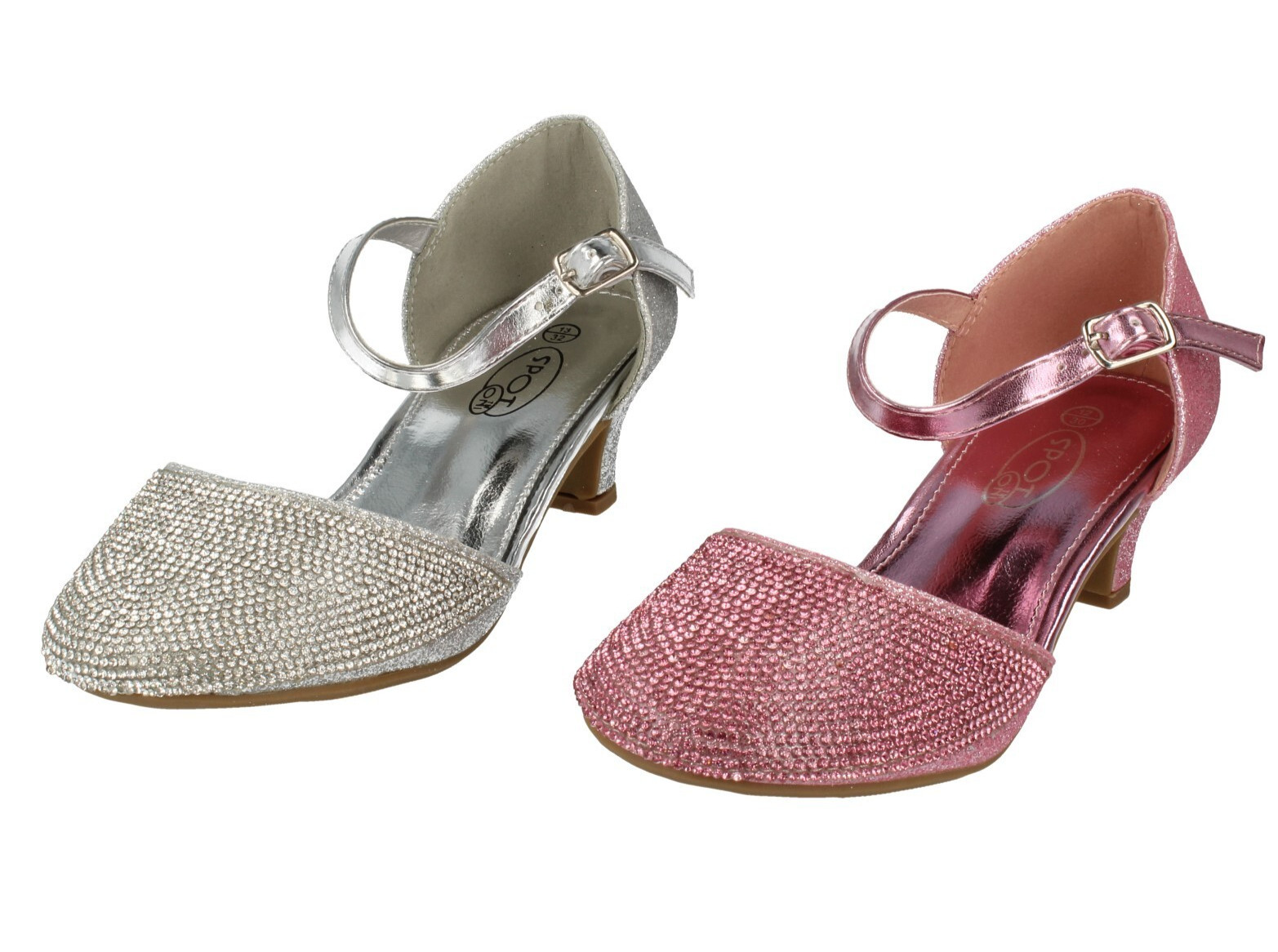 Zapatos Brillantes De Tacón Cuadrado Plateados O Rosados Para Niñas: H3082