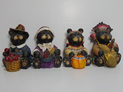 4 Young's Thanksgiving Bears Figurines Resin 