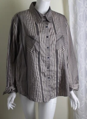 Chico's Sz 2 L 83% Soie Exquis Platine Taupe Noir Rayure Haut Chemisier - Photo 1/4