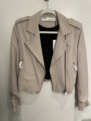 NWT Women's Iro Ashville Leather Moto Jacket Light Grey Beige FR 42 S New $1205