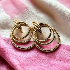 14K Yellow Gold Triple Hoop Earrings 3/4" SALE SAVE 450 #M397
