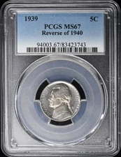 1939 5C Reverse of 1940 Jefferson Nickel PCGS MS67
