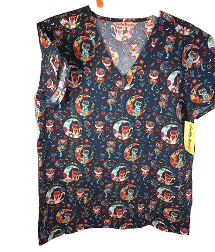 Blue Cat and Moon Halloween Witch Scrub Top Gabby Brooks New Choice Size S M L - Picture 2 of 11