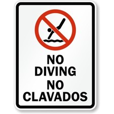 No Diving Sign Aluminum Weatherproof Bilingual Outdoor Pool Safety Plaque