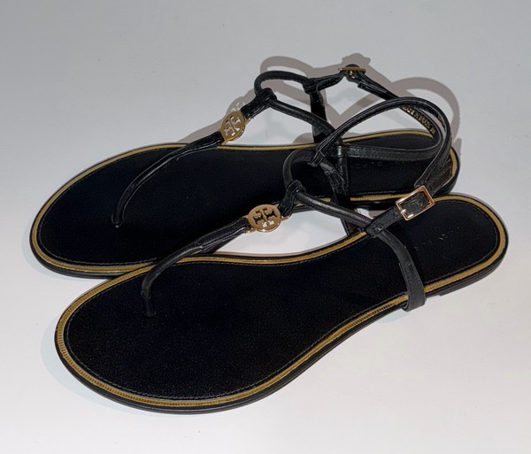 Tory Burch Emmy Medallion Thong Sandals Women’s Size 9 9M Black Gold Leather