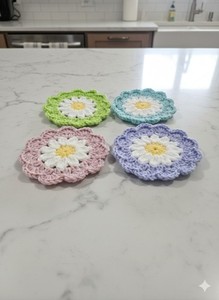 Crocheted Coasters/doilies Springtime   Handmade, Set Of Four, Acrylic Yarn