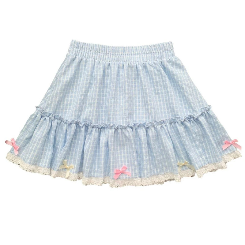 Kawaii Lolita Blue Plaid Mini Skirt Women Harajuku Y2k Aesthetic Bow Short Skirt