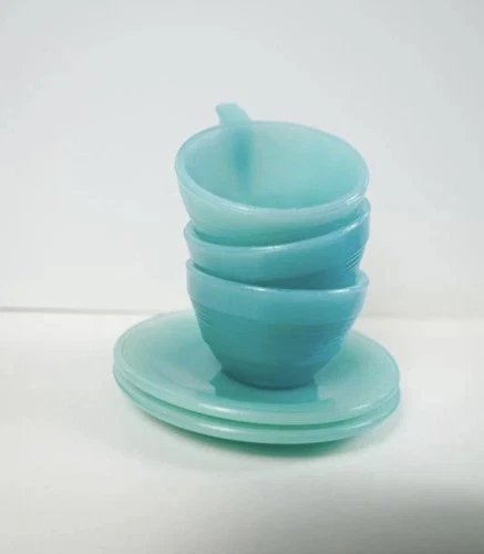 Vtg Akro Agate Blue Glass Cups and Saucers