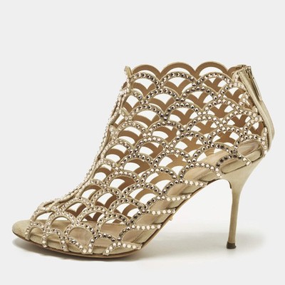 Sergio Rossi Size 38 Beige Suede Crystal Embellishe Ankle Length Boots