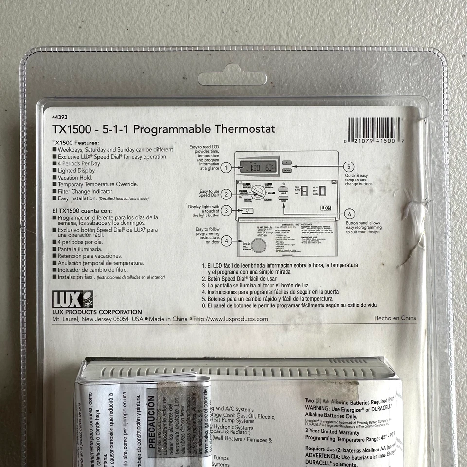 LUX Smart Temp 1500 LUXLIGHT TX1500 Programmable Thermostat New Open Box - Image 3 of 3