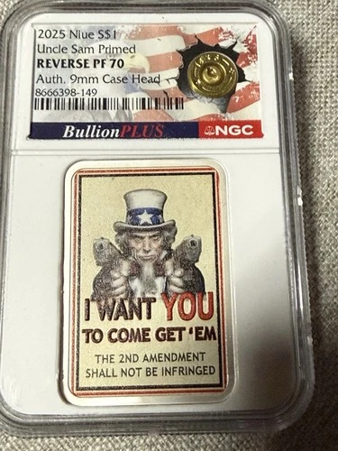 2025 Niue 1 oz Silver Uncle Sam Primed NGC Reverse Proof PF70 Auth. 9mm Case