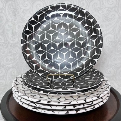 222 Fifth Black White Strata Melamine Dinner Salad Plates Summer Outdoor Picnic