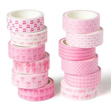 12pcs Coquette Pink Washi Tape, Trendy Watercolor Pink Bow Cherry Preppy Aesthet
