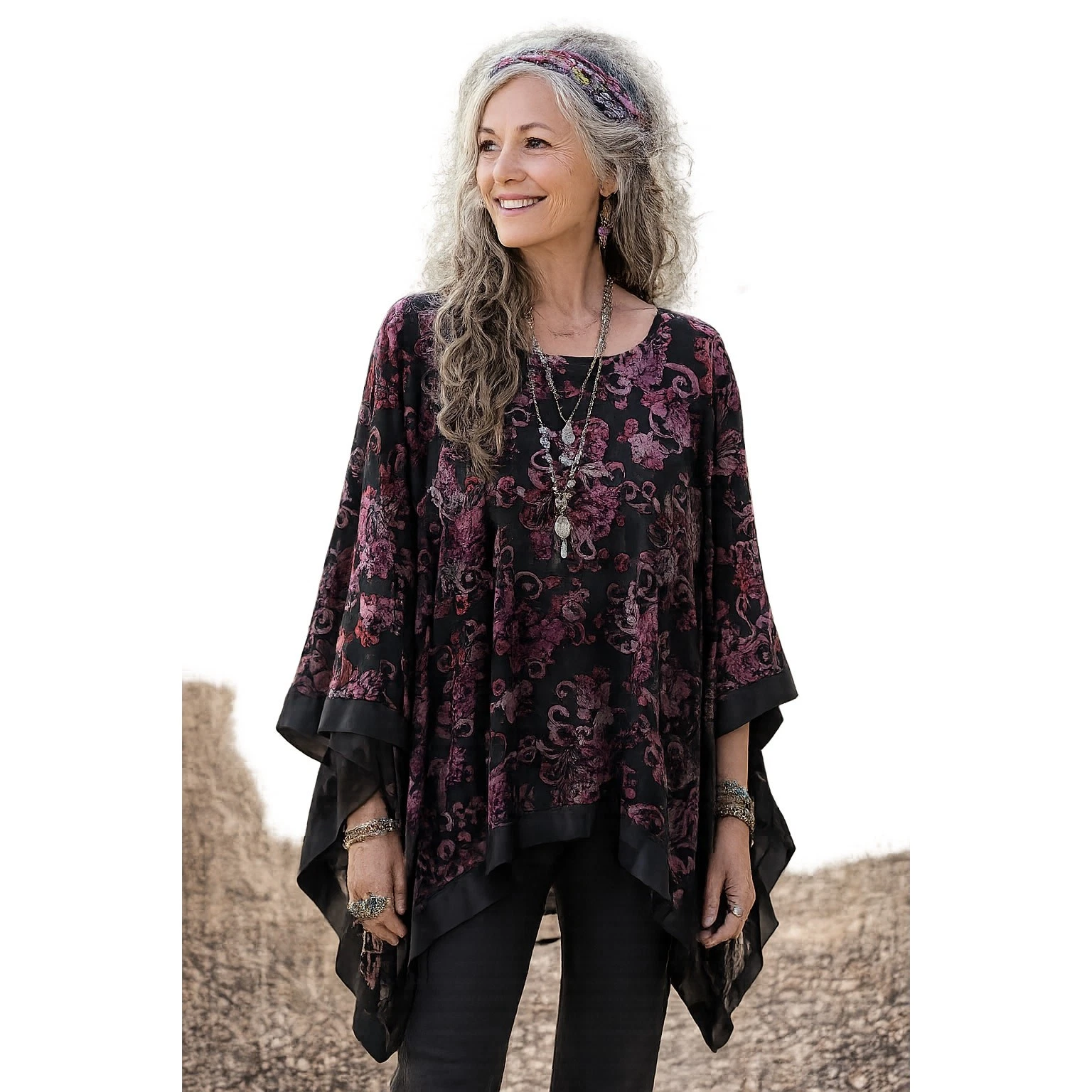 PENNINGTONS Floral Sheer Velvet Burnout Satin Trim Poncho One Size