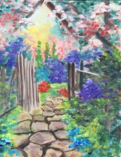 Garden Gate Colorful 8 x 10 original acrylic painting on masonite