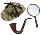 SHERLOCK HOLMES FANCY DRESS DETECTIVE KIT DEERSTALKER HAT PIPE &MAGNIFYING GLASS