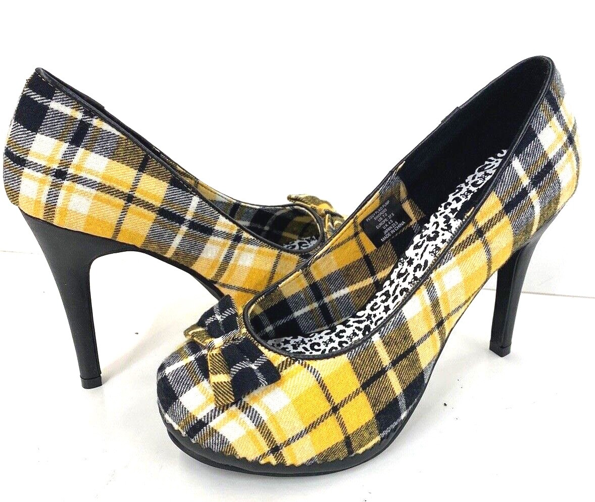PANTOFOLA D’ORO Draven donna a quadretti arco pump rockabilly pin up punk rock tacchi gialli R6