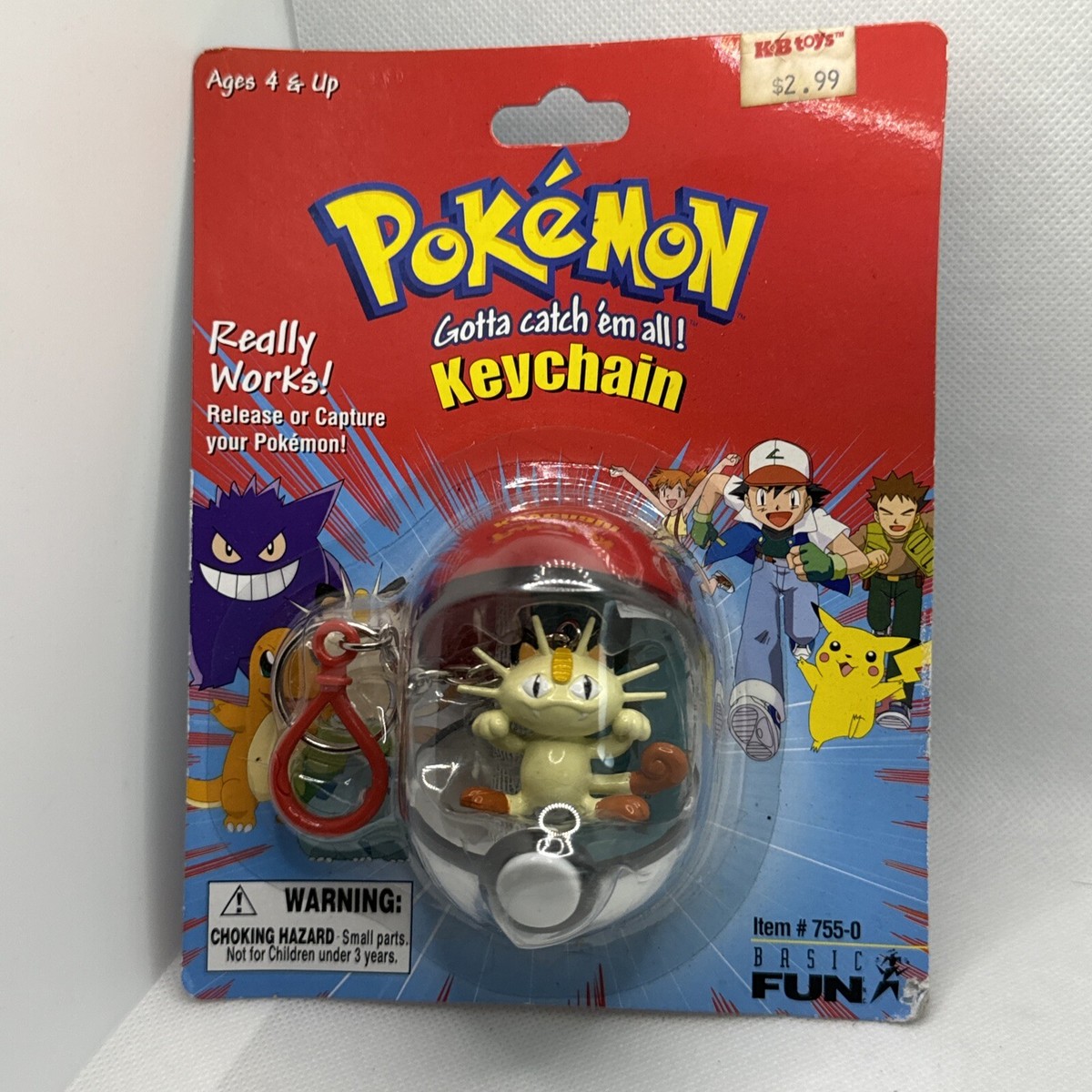 Vintage 1999 Basic Fun Pokeball Pokemon Meowth Keychain Nintendo