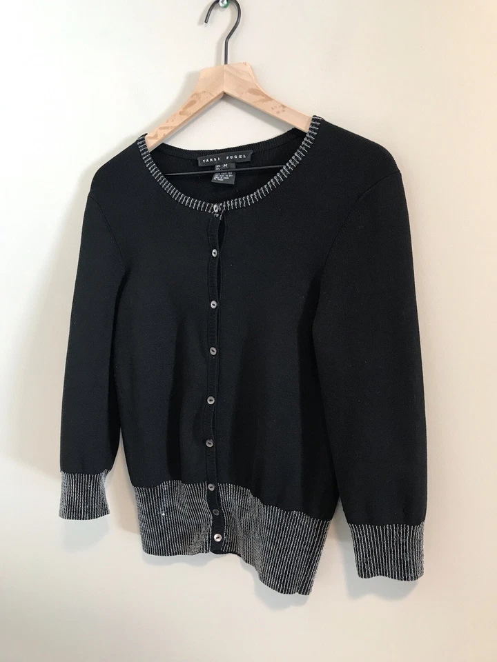 Yansi Fugel Black Silk Sequin Cardigan Sweater Size Medium Button Down - Image 2 of 4