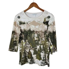 Christopher Banks Top Size Medium Forest Cabin Woods Camping 3/4 Sleeve Casual 