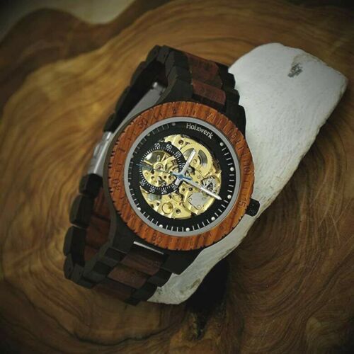 Reloj automático de madera DASSEL para mujer y hombre de madera en negro, oro y marrón - Imagen 3 de 7