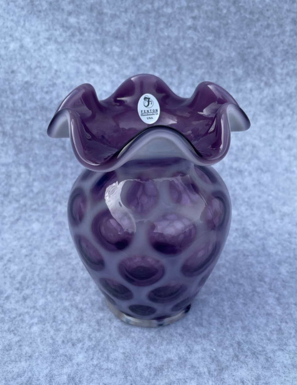 Fenton Glass French Opalescent Violet Coin Dot Optic Vase Ruffled Rim